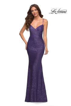 Elevate your evening with the La Femme 30622 Sequin Column Evening Dress. A vision of elegance and allure, this dress features a deep V-neckline, corset lace-up back, and intricate ruching with multi-colored sequins. With a long fitted silhouette and slim straps for support, make a bold statement at your next special occasion. Light Periwinkle, Glamorous Evening Dresses, Plastic Dress, 27 Dresses, Prom Dress Stores, Sequin Prom Dress, Dress Closet, Prom Dress Styles, Designer Prom Dresses