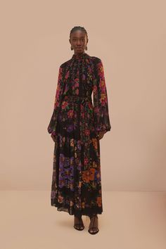 Black Floral Scarves High Neck Maxi Dress Floral Scarves, Brazilian Clothes, High Neck Maxi Dress, Ladies Day Dresses, Tiered Maxi Skirt, Printed Dresses, Women Long Sleeve Dress, Womens Floral Dress, Floral Scarf