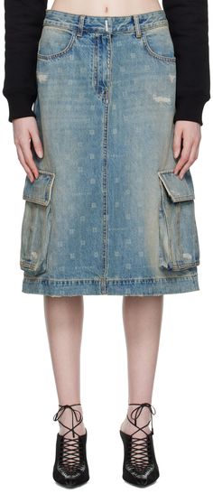 Non-stretch denim skirt. Fading, distressing, and printed logo pattern throughout. · Belt loops · Four-pocket styling · Zip-fly · Raw edge at hem · Cargo pocket at outseams · Logo-engraved silver-tone hardware · Contrast stitching in yellow Supplier color: Medium blue Free Denim Skirt Pattern, Off White Belt, Stretch Denim Skirt, Distressed Skirt, Midi Denim, Distressed Denim Skirt, Denim Pocket, Leather Pencil Skirt, Cargo Skirt