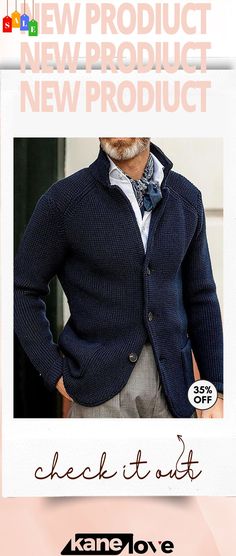 Men Casual Stand Collar Long Sleeve Knitted Cardigan Winter Sweater With Shawl Collar And Button Closure, Winter Business Casual Cardigan With Button Closure, Business Casual Sweater With Button Closure For Winter, Classic Knitted Outerwear For Work, Blue Business Casual Sweater For Winter, Blue Sweater For Business Casual In Winter, Classic Blue Knit Outerwear, Classic Knit Outerwear With Shawl Collar, Casual Knitted Sweater With Shawl Collar