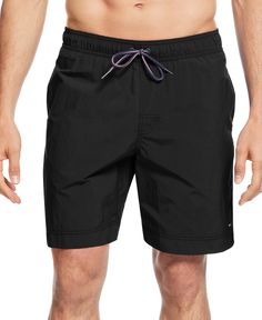 Create a classic beach-ready look in these swim trunks from Tommy Hilfiger. Black Swim Trunks Men, Guy Swimsuit, Guys Swim Trunks, White Pool Party, Boat Bar, Swim Trunks For Men, White Pool, Adidas Brown, Sunset Swim