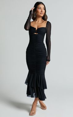 Arabella Midi Dress - Bust Detail Ruched Mesh Midi with Cut Out Detail in Black | Showpo USA Tabyana Ali, Nye Wedding Dress, Black Midi Dress Outfit, Formal Dress Midi, Mini Dress With Tights, Wine Colored Dresses, Cocktail Dresses With Sleeves, Bodycon Dress Formal, Basic Black Dress