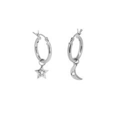 A gorgeous pair of hinged hoop earrings - one earring with a dainty star charm, the other with a crescent moon. Each charm has been hand-set with white sapphires. The ear hoops feature a hinge fitting. DIMENSIONS: Each hoop has a diameter of approximately 1.5cm. The star charm measures approximately 1.1cm (excluding the bale), the moon charm measures approximately 1.2cm (excluding the bale). MADE FROM: Sterling silver - white sapphires. One Earring, Moon And Star Earrings, Clover Necklace, Moon And Star, Moon Charm, Stone Gold, Lovely Earrings, Star Charms, White Sapphire