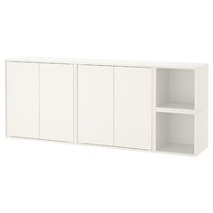 a white cabinet with three doors and two shelves on each side, against a white background