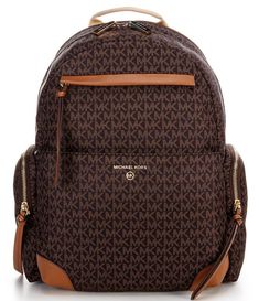 From Michael Kors, the Prescott Signature Logo Large Nylon Backpack features:Nylon18k gold hardwareInterior: Slip pockets, 2 side zip pocketsExterior: 1 back zip tech compartment, 1 front zip pocketFits iPadAdjustable strapApprox. 11" W x 15.5" H x 6.75" D bag; 16" - 25" strap drop Approx. weight 1.63 lbs. Imported. Brown Backpack With Gold-tone Hardware For Travel, Michael Kors Brown Backpack With Zipper Closure, Mk Backpack, Michael Kors Backpack, Favorite Handbags, Forever New, Large Backpack, Handbags Michael Kors, Cute Bags