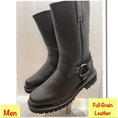 Brand New Sizes Available Boots Are Wide Width 6,6.5,7,7.5,8,8.5,9,9.5,10,10.5,11,11.5,12,13,14 Men’s Black Full Grain Leather Engineer Biker Pull On Strap Buckle Outdoor Black Leather Mid-calf Boots, Winter Moto Boots With Leather Footbed And Moc Toe, Leather Moto Boots With Reinforced Toe For Fall, Black Moto Boots With Goodyear Welt Construction For Winter, Biker Style Steel Toe Winter Boots, Winter Biker Boots With Steel Toe, Winter Biker Moto Boots With Steel Toe, Biker Moto Boots For Outdoor Use In Fall, Biker-style Moto Boots For Outdoor Fall Activities