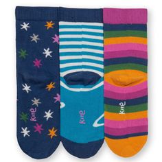 Discover super-soft organic cotton socks in three different designs that coordinate perfectly with this season's collection from Kite. From super Saturn and star designs to a rainbow stripe, there are multiple patterns to choose from. They finish off any outfit and make a great gift idea, too. • Three pack• 90% organic cotton 8% polyamide 2% elastane• Certified by Control Union to the Global Organic Textile Standard (GOTS)• Machine washable View Kite's sock sizing. Cotton Socks For Winter Playtime, Playful Multicolor Cotton Socks, Multicolor Cotton Socks For Playtime, Super Saturn, Cotton Socks, Rainbow Stripes, Star Designs, A Rainbow, Organic Cotton