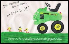 a drawing of a green tractor with little yellow chickens in the grass and on it's side