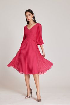 Color_fuchsia Elegant Pleated Knee-length V-neck Dress, Knee-length Pleated Chiffon Dress, Pink Pleated Knee-length Dress, Chic Pleated V-neck Chiffon Dress, Full Sleeve Dress, Full Sleeve Gowns, Metallic Gold Heels, Pleated Dress Short, Red V-neck Chiffon Midi Dress