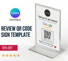 a clear acrylic sign with the text, review or code sign template 70 % off