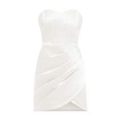 Brimming with dazzling finishing touches, this white satin mini dress exudes confidence and femininity.   The form-fitting corset silhouette is shaped with a sweetheart neckline and internal boning that highlights the waist.  Draped throughout the front of the skirt, the dress exudes an elegant allure, blended with the label's signature flattering fit.   The delicate strapless design is fastened with an invisible zip at the back and is fully lined.  This dress will evoke an exceptional feeling of glamour and sophistication at your next special occasion. It also leaves plenty of room for a piece of statement jewellery, styled with elegant stiletto heels and a glamorous clutch bag. Elegant sleeveless design Sweetheart neckline Draped mini hem Cinched waist Internal boning Luxurious satin fab Cocktail Mini Dress With Corset Back And Sweetheart Neckline, Wedding Mini Dress With Corset Back, Mini Length Wedding Dress With Corset Back, Cocktail Satin Mini Dress With Lined Bodice, Satin Mini Dress With Lined Bodice For Cocktail, Cocktail Mini Dress With Boned Bodice And Sweetheart Neckline, White Corset With Corset Back For Cocktail, Elegant Bodycon Dress With Corset Back For Cocktails, Satin Mini Corset Dress For Cocktail