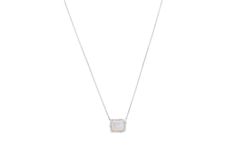 The Kaia Necklace features an 8 mm emerald cut moonstone center stone, set in solid 14k textured yellow or white gold on an adjustable 16 & 18 inch chain and is accented with a halo of 1 mm diamonds. The moonstone, known as the stone of new beginnings, can re-energize the mind & body by soothing emotional instability and stress. They have the ability to promote inspiration, enhance intuition and present success and good fortune in love. Due to the nature of the stones, each piece will vary sligh White Moonstone Jewelry With Single Cut Diamonds, Moonstone Pendant Necklace For Formal Occasions, Elegant Moonstone Necklaces For Formal Occasions, Elegant Moonstone Necklace For Formal Occasions, Fine Jewelry White Necklace With Halo Design, Elegant Formal Moonstone Necklaces, Elegant Formal Moonstone Necklace, Formal White Gold Moonstone Jewelry, White Necklaces With Halo Design For Gift