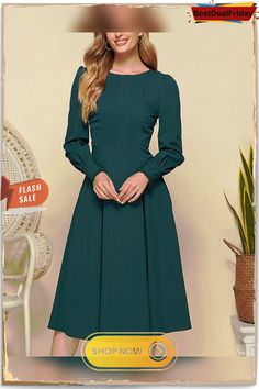 Women Vintage Solid Color Pleated Midi Dress Elegant Gowns Fall Sheath Dress In Solid Color, Solid Dress With Pleated Sleeves For Fall, Green Pleated Sleeve Dress For Work, Green Workwear Dress With Pleated Sleeves, Fall Dresses With Pleated Sleeves, Solid Color Pleated Maxi Dress, Green Midi Dress With Pleated Sleeves, Floor-length Workwear Dress, Solid Pleated Maxi Dress