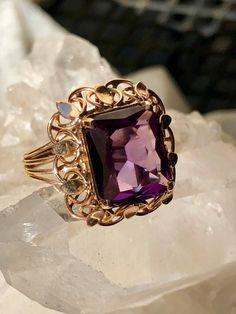 Circa 1940s Art Deco 14K Alexandrite Color Changing Purple Sapphire Vintage Art Deco Ring Antique 14k Gold Amethyst Ring, Vintage 14k Stamped Jewelry For Formal Occasions, Antique Ring Jewelry For Vintage Events, Antique 14k Yellow Gold Amethyst Ring, Vintage One-of-a-kind Wedding Rings, Art Deco 14k Gold Gemstone Jewelry, Yellow Gold Art Deco Jewelry For Vintage Events, Art Deco Yellow Gold Jewelry For Vintage Events, Vintage Oval Amethyst Ring In 14k Gold