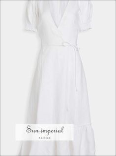 Sun-imperial Solid White V Neck Wrap Dress Tie Waist Short Flare Sleeve Midi Dress White Wrap Midi Dress, White Midi Wrap Dress, Neck Wrap Dress, Imperial Fashion, Tie Waist Shorts, Wrap Midi Dress, Midi Short Sleeve Dress, Neck Wrap, Wrap Dress Floral