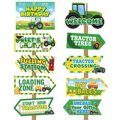 PRICES MAY VARY. This set contains 20 tractor party signs with 10 different patterns, 2 for each pattern The tractor signs are made of thin laminated cardstock that is tear resistant The tractor signs feature classic tractor shapes and slogans in bright, cute colors The signs can be conveniently used by taping them to windows, walls, porches for decorating Perfect for kids' tractor themed birthday parties, baby showers, and other celebrations 
Features: 
Made of quality thin cardstock, these tra Farming Simulator Birthday Party, John Deere First Birthday Ideas, Tractor Birthday Party Decorations, John Deere Birthday Party Ideas, John Deere Tractor Party, Tractor Birthday Party Theme, Tractor Party Decorations, Truck Party Decorations, John Deere Party