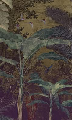 an image of a jungle scene with birds and plants