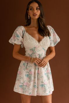 Shop the Lovers Lane Lace Trim Puff Sleeve Dress Floral Apricot | Selfie Leslie Strappy Mules, Pretty Little Dress, Party Photoshoot, Lovers Lane, Selfie Leslie, Poses Women, Floral Babydoll Dress, Puff Sleeve Dress, Puff Sleeve Dresses