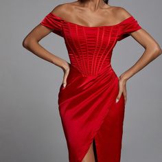 Colette Off Shoulder Stain Dress Brand New With-The Tag Red Ruched Satin Evening Dress, Red Satin Formal Mini Dress, Elegant Red Midi Dress With Ruched Bodice, Red Fitted Midi Dress For Prom, Red Satin Midi Dress For Formal Occasions, Fitted Satin Midi Dress For Banquet, Red Cocktail Evening Dress With Ruched Bodice, Red Midi Dress With Sweetheart Neckline For Formal Occasions, Red Evening Midi Dress With Ruched Bodice