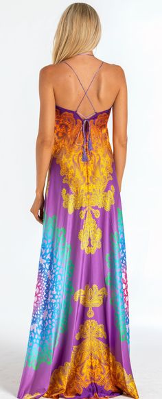 Introducing our Purple Sunrise dress, a true embodiment of elegance crafted from the finest Italian silk. This long maxi dress features a mesmerizing palette of beautiful colors, evoking thoughts of tropical vacations and carefree moments. With its V neckline and criss-cross back design, this dress exudes sophistication and allure. Its luxurious fabric drapes gracefully, flattering most body types with ease. Prepare to make a statement with this stunning piece that promises to turn heads whereve Summer Purple Maxi Dress With Vibrant Print, Sleeveless Multicolor Silk Maxi Dress, Purple Maxi Dress With Vibrant Print, Elegant Multicolor Maxi Dress For Beach Season, Elegant Vibrant Print Maxi Dress For Summer, Elegant Maxi Dress With Vibrant Print For Summer, Elegant Summer Maxi Dress With Vibrant Print, Elegant Purple Maxi Dress For Beach, Silk Dresses For Beach Vacation