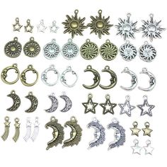 These various charms are perfect for you to make your own unique creations! Material: Alloy, Quantity: There are 20 styles, each style 4 pcs, so you will get TOTAL 80pcs/lot. Metal Color: Antique Silver/Bronze mixed About shipping: 1. If you buy more than 1 item. You only pay one time postage, other items are all free shipping. For US buyer, if order amount over US $35, the whole order is FREE SHIPPING. 2. If order amount over US $15, we will upgrade the shipping to standard service instead of e Jewelry Making Charms, Diy Bracelet, Diy Charms, Earring Findings, Handmade Boho, Diy Pendant, Pendant Bracelet, Star Charms, Sun Moon