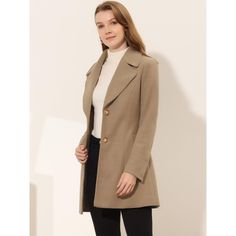 This elegant coat with pockets is a stylish yet practical addition to your winter wardrobe. This silhouette for a flattering finish, creates the perfect finishing touch for everyday outfits. The long solid color coat has an understated silhouette and a notched lapel, making for a timeless piece of outerwear. Layered over everything from smart-casual workwear to weekends, this coat will become a winter favorite. Paired well with a fitted blouse and wide-leg pants for an office-to-dinner look. The Single-breasted Wool Coat For Business Casual, Single Breasted Wool Coat For Business Casual, Solid Collared Pea Coat For Work, Solid Outerwear With Hidden Button Closure For Office, Stand Collar Outerwear For Office, Office Outerwear With Stand Collar And Hidden Buttons, Single Breasted Outerwear With Stand Collar For Work, Single-breasted Outerwear With Lapel Collar For Career, Single Breasted Pea Coat With Stand Collar For Work