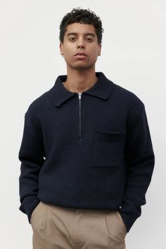 The Owen Sweater is a relaxed fit half-zip sweater with a touch of urban charm. Featuring a collared design and front chest pocket, it's the go-to laid-back yet refined piece for casual outings or weekend getaways. *All sale items are final sale* 35% Polyester, 30% Wool, 20% Nylon, 15% Acrylic Hand wash Business Casual Man, Mens Quarter Zip Sweater, Proper Cloth, Black Suit Men, Casual Man, Mens Quarter Zip, Classy Outfits Men, Cool Clothing, Oversize Knit