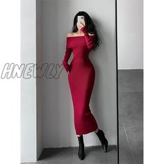 Hnewly Slash Neck Tight Long Skinny Hip Sleeve Maxi Sweater Dress Red Korean Fashion Tops Red / S Fitted Long Bodycon Dress For Winter, Slim Fit Bodycon Dress For Winter, Red Stretch Bodycon Dress For Fall, Red Long Sleeve Bodycon Dress For Fall, Long Bodycon Dress For Winter, Non-stretch Solid Color Winter Bodycon Dress, Winter Non-stretch Solid Color Bodycon Dress, Red Bodycon Dress For Winter, Red Bodycon Dress For Winter Night Out