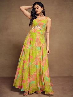 This beautiful gown comes in a lovely light green color with intricate digital print work, adding a touch of elegance and sophistication to your look.
Not only is it fully stitched and available in sizes XS to XXL for a perfect fit, but it is also versatile enough to be worn at events, functions, festivals, and any other special occasion. The georgette fabric is lightweight and flowing, adding a touch of grace to your ensemble.
This gown includes stunning digital printwork that adds a pop of col Bollywood Style Party Anarkali Set With Digital Print, Festive Pista Green Dress With Floral Print, Green Anarkali Set With Floral Print, Anarkali Lehenga With Digital Print For Party, Green Bollywood Floral Print Anarkali Set, Green Bollywood Anarkali Set With Floral Print, Bollywood Style Green Floral Print Anarkali Set, Sleeveless Green Anarkali Set For Party, Designer Floor-length Dresses For Spring