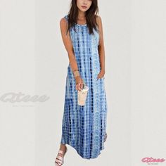 Qteee - Irregular Hem Sleeveless Maxi Dress with Print Patterns Casual Sleeveless Cotton Maxi Dress, Casual Blue Sleeveless Dress, Casual Sleeveless Beach Dress, Casual Beach Maxi Dress With Asymmetrical Hem, Casual Asymmetrical Hem Maxi Dress For Beach, Casual Maxi Dress With Asymmetrical Hem For Beach, Casual Sleeveless Maxi Dress, Casual Summer Maxi Dress With Asymmetrical Hem, Casual Maxi Dress With Asymmetrical Hem For Summer