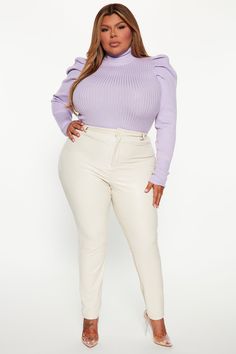 Available In Multiple Colors Pullover Sweater Rib Knit Turtleneck Long Sleeve Puff Sleeve 51% Rayon 28% Polyester 21% Nylon Imported | Get On With It Turtleneck Sweater in Lavender size 2X by Fashion Nova Lavender Fashion, Turtleneck Long Sleeve, Knit Turtleneck, Turtleneck Sweater, Pullover Sweater, Pullover Sweaters, White Jeans, Fashion Nova, Rib Knit