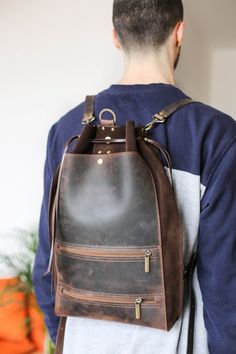 Leather Backpack for Men | Brown Leather Backpack | Qisabags Convertible Leather Backpack, Leather Backpack For Men, Brown Leather Backpack, Small Leather Bag, Laptop Rucksack, Cotton Drawstring Bags, Leather Zipper, Men's Backpack, Large Bag