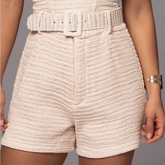 Bring Sophisticated Style To Your Next Vacation With These Beige Shorts. Made With Intricately Woven Crochet Material, These Shorts Are Both Stylish And Comfortable. Featuring A Matching Square Buckle Belt With Hook And Bar Zipper Closure, And Front/Back Darts, They're Perfect For Any Occasion. Materials: 100% Cotton (Lining) 100% Polyester **Never Been Worn** Chic Belted Bottoms For Date Night, Chic Shorts With Belt Loops, Chic Going Out Shorts With Belt Loops, Elegant High Waist Shorts For Day Out, Party-style Belted Bottoms In Short Length, Chic Belted Shorts For Night Out, Chic Cream Bottoms For Party, Belted Shorts For Summer Night Out, Belted Shorts For Night Out In Summer