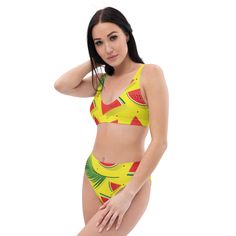 It’s too easy to fall in love with this watermelon bikini set. Removable pads and its double-layer make it comfy to wear all day by the pool or at the beach.• Fabric composition in the EU: 88% recycled polyester, 12% elastane• Fabric weight in the EU (may vary by 5%): 6.78 oz/yd² (230 g/m²)• Fabric composition in MX: 81% REPREVE recycled polyester, 19% LYCRA XTRALIFE • Fabric weight in MX (may vary by 5%): 7.52 oz/yd² (255g/m²)• Double-layered and non-reversible• Removable padding• Tear-away care label• Zig-zag stitchingThis product is made especially for you as soon as you place an order, which is why it takes us a bit longer to deliver it to you. Making products on demand instead of in bulk helps reduce overproduction, so thank you for making thoughtful purchasing decisions! Size guide C Green Swimwear For Summer Beach Activities, Playful Green Swimwear For Summer Activities, Green Swimwear For Summer Activities, Fun Green Swimwear For Summer, Fun Green Swimwear For Vacation, Tropical Swimwear For Summer Activities, Playful Green Swimwear For Beach Party, Fun Red Swimwear For The Beach, Playful Triangle Top Tankini For Vacation