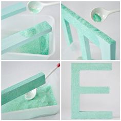 the process to make glittered letter e with spoons