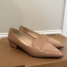 Nude Loafer - Leather Upper, Suede Accent. Pointed Toe. Never Worn Outside. Excellent Condition. Beige Pointed Toe Loafers For Work, Beige Leather Slip-on Shoes With Pointed Toe, Slip-on Court Shoes For Work, Chic Beige Pointed Toe Slip-ons, Spring Business Casual Flat Slip-ons, Beige Pointed Toe Slip-on Loafers, Beige Flat Heel Slip-ons For Work, Beige Slip-ons With Flat Heel For Work, Office Slip-on Flats With Almond Toe