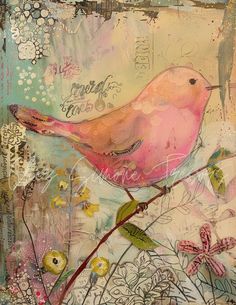 a painting of a pink bird sitting on a branch with flowers and butterflies around it