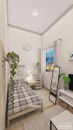 a room with a bed, mirror and plant in it on the floor next to a window