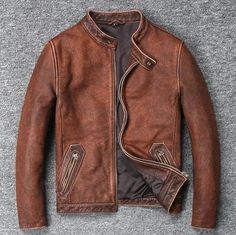 Men's Genuine Leather Care Racer Vintage Style Distressed Brown Leather Jacket Mens Handmade Real Cowhide Leather Coat... "This coat is made with high quality A grade Medium weight Genuine Cowhide Leather" Material, Genuine Cowhide Leather Lining, Polyester Lining  Collar, Stand Closure, Zipper  Sleeve, Long Sleeves  Colour, Distressed Brown Style, Cafe Racer *Shipping Policy: We Offer Worldwide Shipping.  * We ship our every product at the mentioned time for customer gratification.  * We ship e Leather Jacket Outfit Men, Jacket Outfit Men, Stylish Leather Jacket, Mens Leather Jacket, Mens Leather Coats, Men's Leather Jackets, Chubby Men, Biker Jacket Men, Leather Jacket Outfit