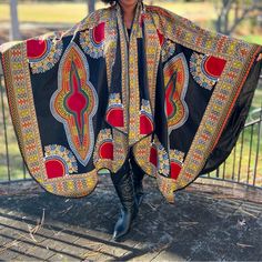 New Without Tags Handmade African Print Ankara Black Multicolor Dashiki Belted Poncho Cape Handmade 100% Cotton One Size Fits All Black Bohemian Poncho Shawl, Black Shawl Cape For Festival, One Size Black Cape For Festival, Black Shawl Cape For Fall, Black Bohemian Cape For Festivals, Bohemian Black Cape For Festival, Black Shawl Outerwear For Festival, Black Oversized Bohemian Cape, Black One Size Kimono