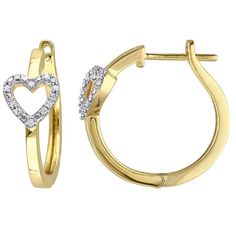 These beautiful Stella Grace 18k gold over sterling silver 1/10 carat diamond heart hoop earrings are sure to become a favorite pair in your jewelry collection. These beautiful Stella Grace 18k gold over sterling silver 1/10 carat diamond heart hoop earrings are sure to become a favorite pair in your jewelry collection. Diameter: 21.2 mm Backings: click-it Metal: sterling silver Plating: 18k gold flash plated Finish: polished Packaging: boxedDIAMOND DETAILS Total weight: 1/10 ct. Shape: round Se Fancy Jewellery Designs, Solitaire Earrings, Heart Hoop Earrings, Peoples Jewellers, Jewelry Wedding Rings, Fancy Jewellery, Diamond Hoop Earrings, Women Diamond, Classic Jewelry