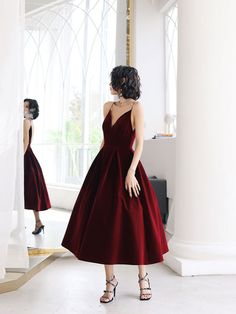 Burgundy v neck short prom dress Simple Party Dress, Tea Length Prom Dress, Prom Dresses Simple, V Neck Prom Dresses, Velvet Shorts, Burgundy Velvet, Short Prom Dress, Short Prom, Dress Silhouette