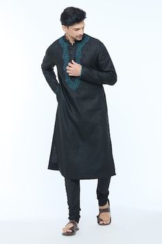 Black full sleeves handloom silk kurta with fleur vine embroidery near the placket. Paired with a churidar. - Aza Fashions Vine Embroidery, Men Kurta, Silk Kurta, Silk Embroidery, Churidar, Full Sleeves, Plain Black, Mandarin Collar, Aza Fashion