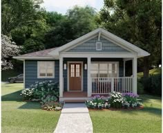 the small house is painted blue and has white trim on the front door, windows, and porch