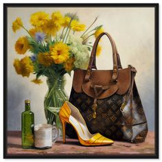 a painting of a woman's purse and shoes next to a vase with flowers