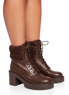 Combat Boot, Round Toe, Block Heel, Mid Heel: 2-3 inches, Lace Up, Zippers, Solid, Item Number 3115074704889 Combat Boots Brown, Heel Combat Boots, Chunky Combat Boots, Brown Combat Boots, Chunky Shoes, Combat Boot, Boots Brown, Lug Sole, Mid Heel