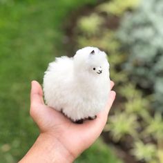 a small white stuffed animal in someone's hand