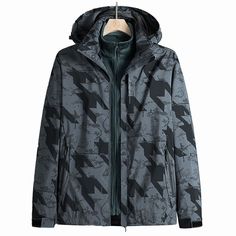 3-in-1 Detachable Fleece Windproof And Waterproof Camouflage Jacket Having this waterproof-breathable jacket with two distinct layers worn alone or together—a tough outer shell and a cozy warm inner fleece jacket, you can wear outdoor jacket shell almost in all seasons.  Material:100%Polyester  Size:L,XL,2XL,3XL,4XL,5XL,6XL Color：black,gray,haze blue,blue,navy blue,red,camouflage green,camouflage gray,dark gray  Season: Spring,Autumn,Winter   Occasion: Leisure,Outdoor, Daily,Vacation Gray Weatherproof Nylon Outerwear, Weatherproof Gray Nylon Outerwear, Nylon Outerwear For Hiking In Fall, Fall Nylon Outerwear For Hiking, Gray Fall Windbreaker For Cold Weather, Gray Nylon Hooded Jacket With Long Sleeves, Winter Hiking Nylon Windbreaker, Nylon Windproof Windbreaker With Long Sleeves, Nylon Windbreaker For Cold Weather In Fall