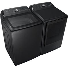 a black washer and dryer sitting side by side on top of each other