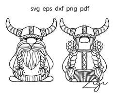 two viking masks with long horns and braids on their heads, one is black and white